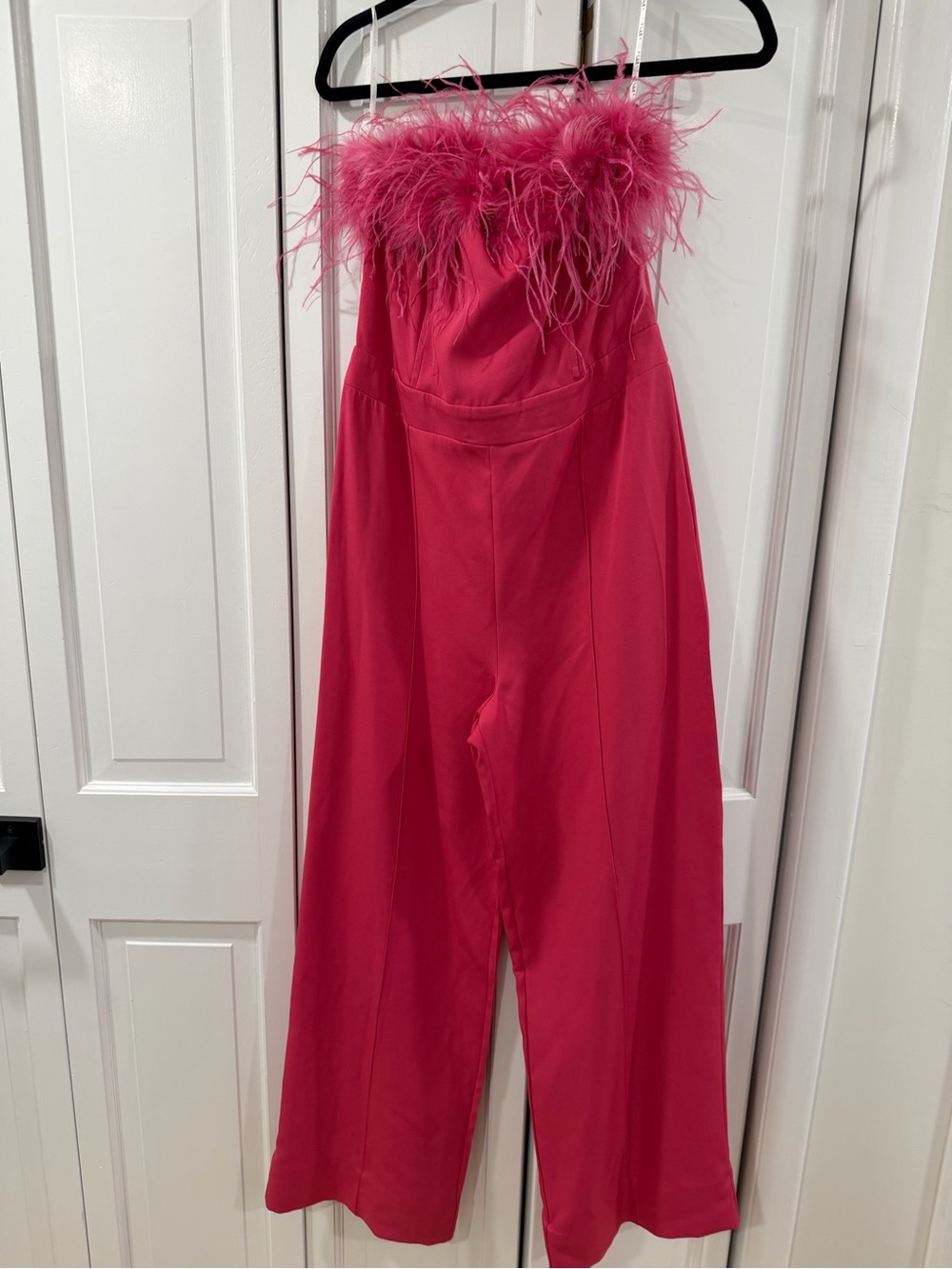 Club London Feather-Trim Strapless Jumpsuit - Hot Pink